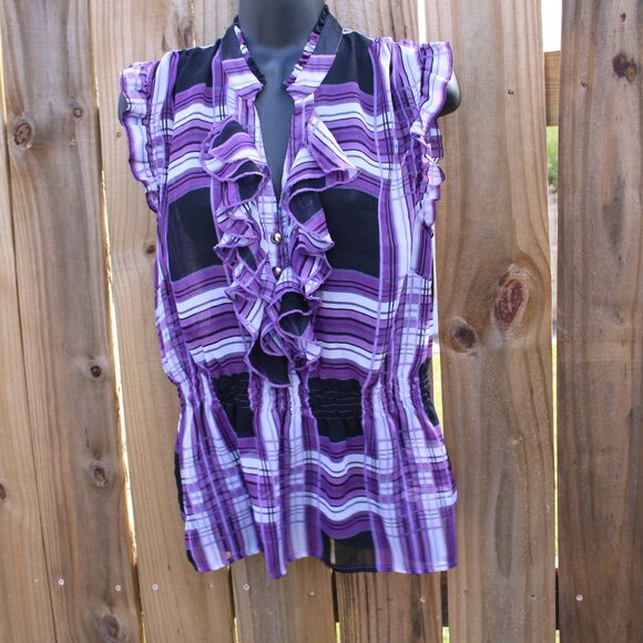 Paper Tee Tops - Paper Tee Purple Plaid Ruffle Blouse Sleeveless Sheer Top XL